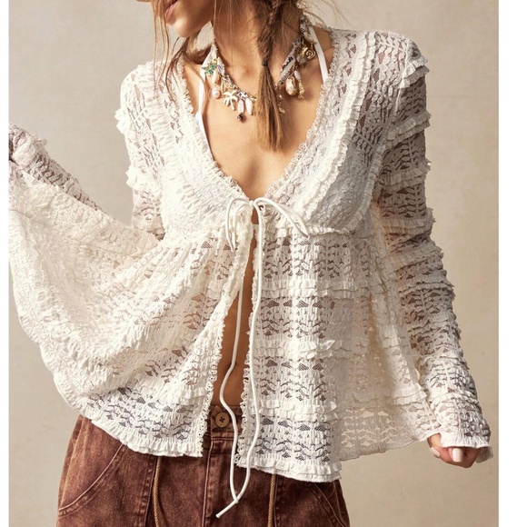 Tops - Boho Lace Front Tie Babydoll Long Sleeve Semi Sheer Blouse